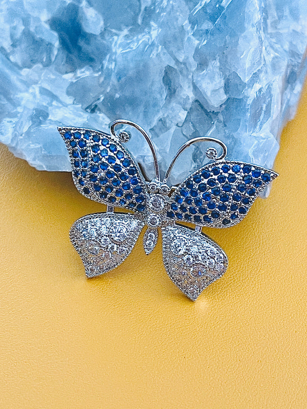 BELLORA - Sapphire Blue Butterfly CZ Brooch Pin In Silver