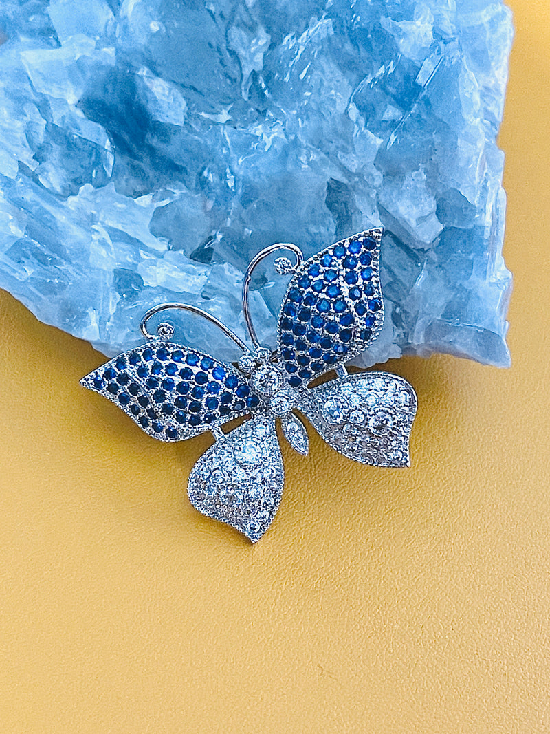 BELLORA - Sapphire Blue Butterfly CZ Brooch Pin In Silver