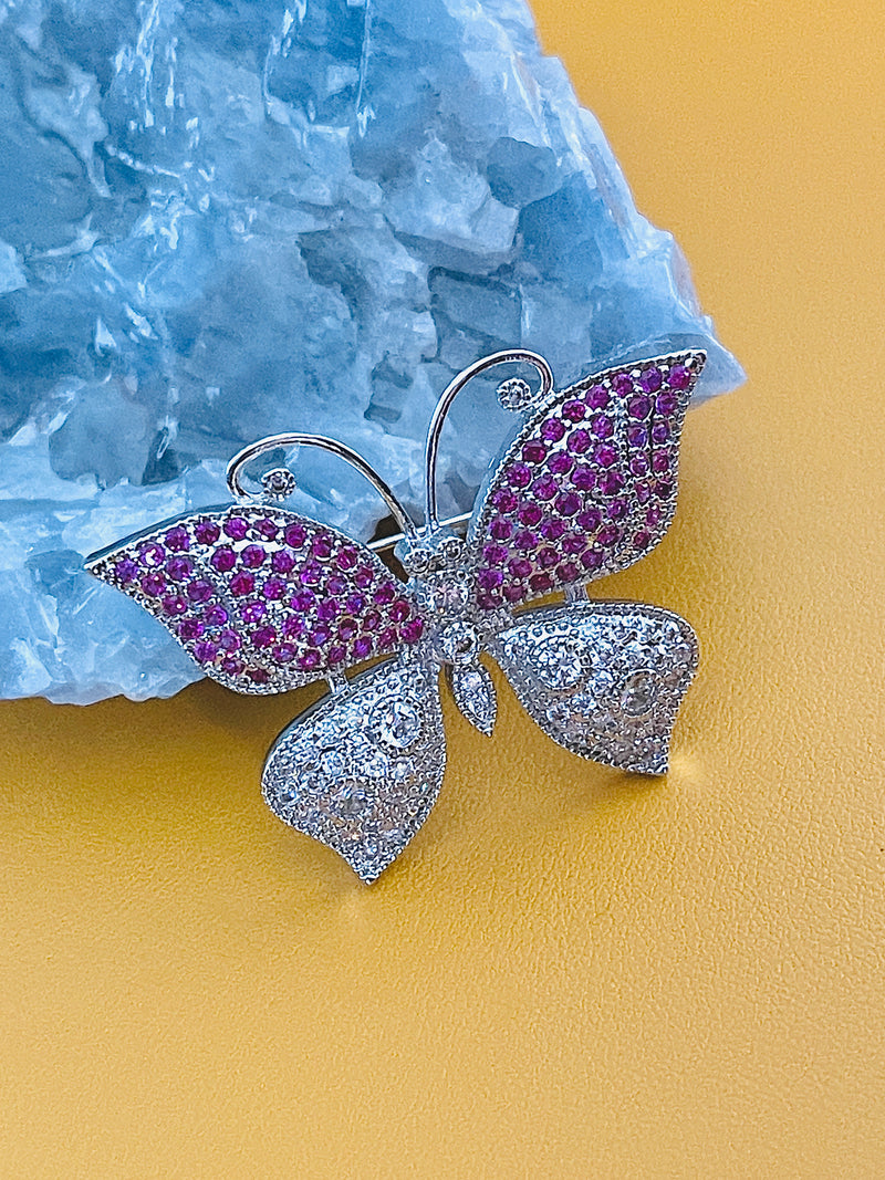 BELLORA - Purple Blue Butterfly CZ Brooch Pin In Silver