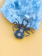MARGEURITE - Black-Yellow CZ Spider With Grey-Blue Pearl Brooch Pin In Black