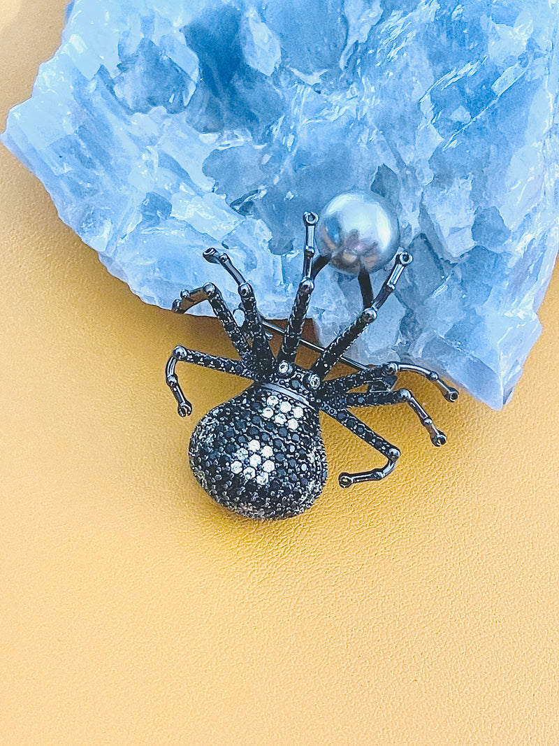 MARGEURITE - Black-Yellow CZ Spider With Grey-Blue Pearl Brooch Pin In Black