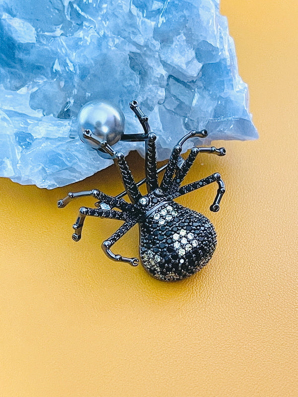 MARGEURITE - Black-Yellow CZ Spider With Grey-Blue Pearl Brooch Pin In Black