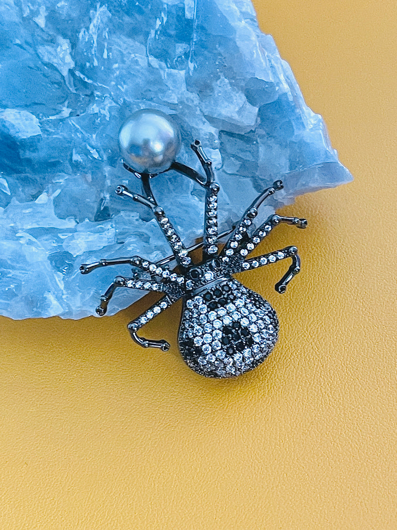 MARGEURITE - Black-Clear CZ Spider With Grey-Blue Pearl Brooch Pin In Black