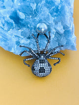 MARGEURITE - Black-Clear CZ Spider With Grey-Blue Pearl Brooch Pin In Black