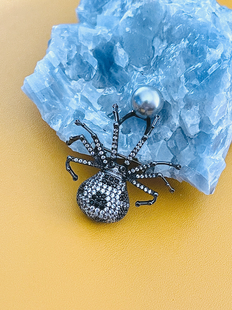 MARGEURITE - Black-Clear CZ Spider With Grey-Blue Pearl Brooch Pin In Black