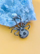 MARGEURITE - Black-Clear CZ Spider With Grey-Blue Pearl Brooch Pin In Black