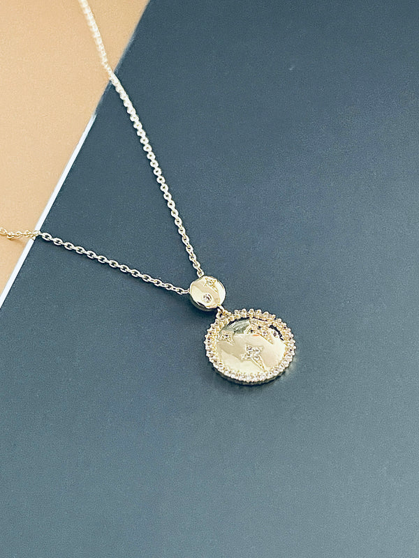 ANN - CZ Pave Star Circle Disc Necklace In 14k Gold