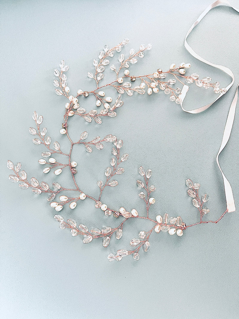 ATHENA – Crystal And Pearl Sprays Hair Circlet  In Rose Gold