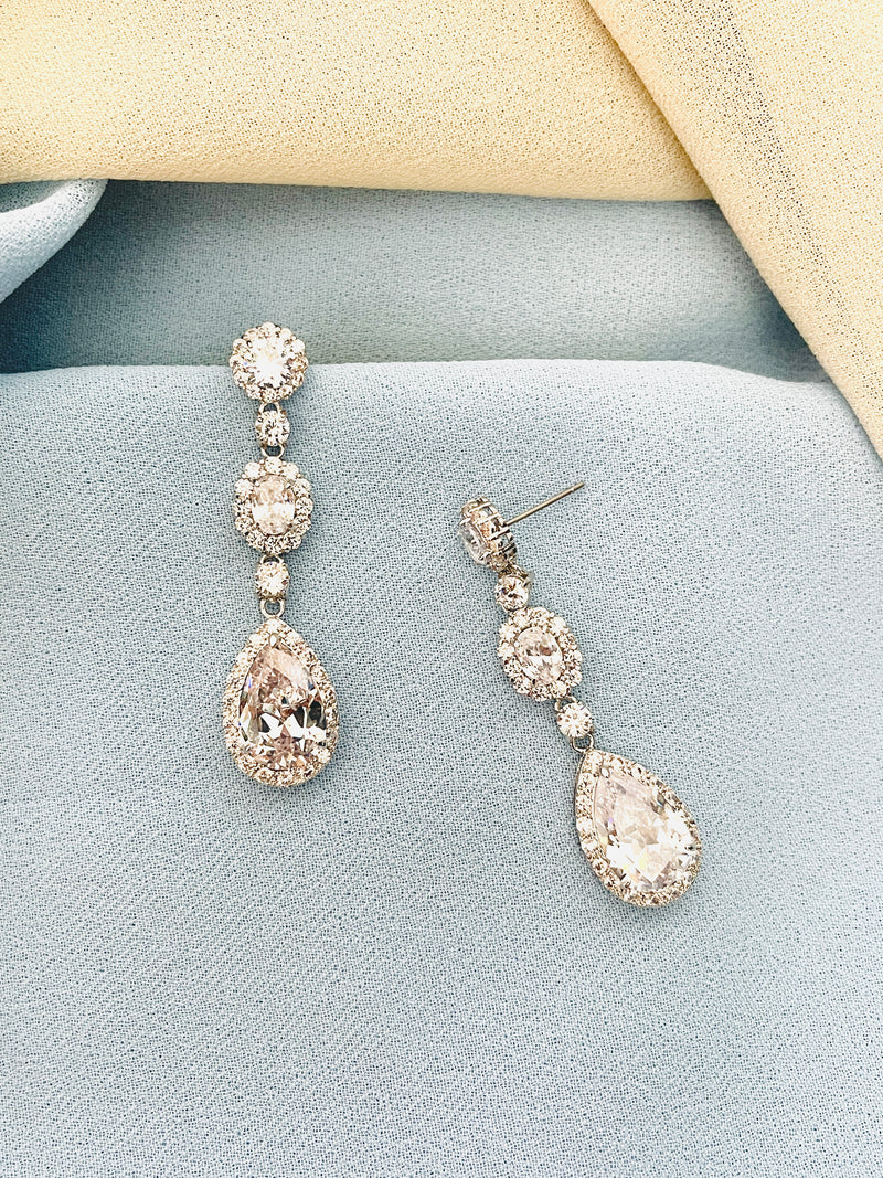 NATALIA - Multi-Shaped CZ Long Teardrop Crystal Earrings - JohnnyB Jewelry