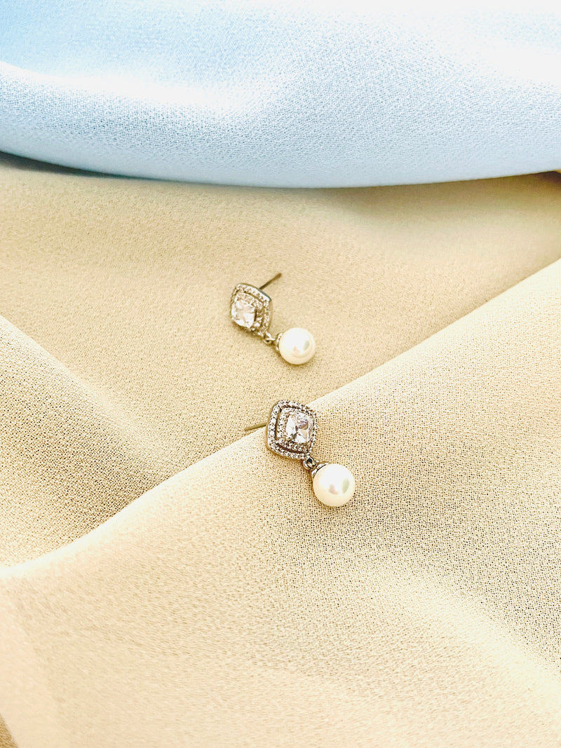 PANDORA - Crystal Stud with Pearl Drop Earrings In Silver - JohnnyB Jewelry