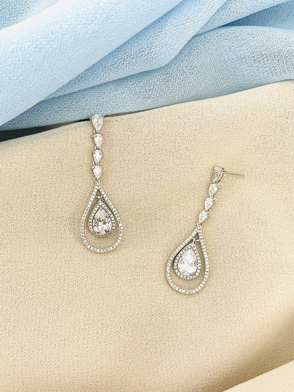 FABIENNE - Long Open Teardrop With CZ Crystal Earrings In Silver - JohnnyB Jewelry