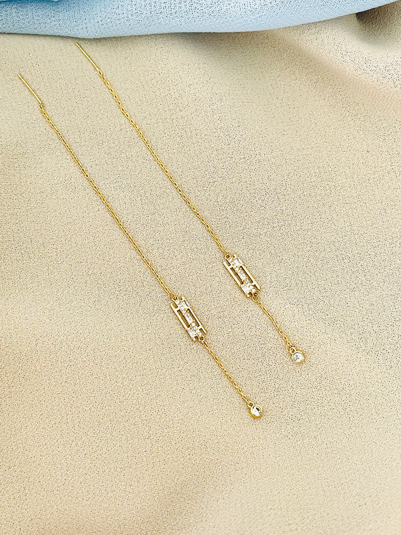 MIYA - Modern Chain And Crystal Drop Needle Earrings