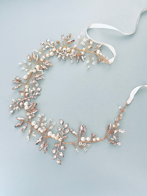 CALISTA - Delicate Crystal Leaves And Pearls Hair Circlet In Gold