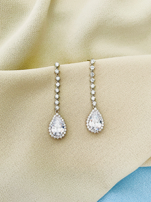 EMELIA - Dangle Long Teardrop CZ Crystal Earrings In Silver - JohnnyB Jewelry