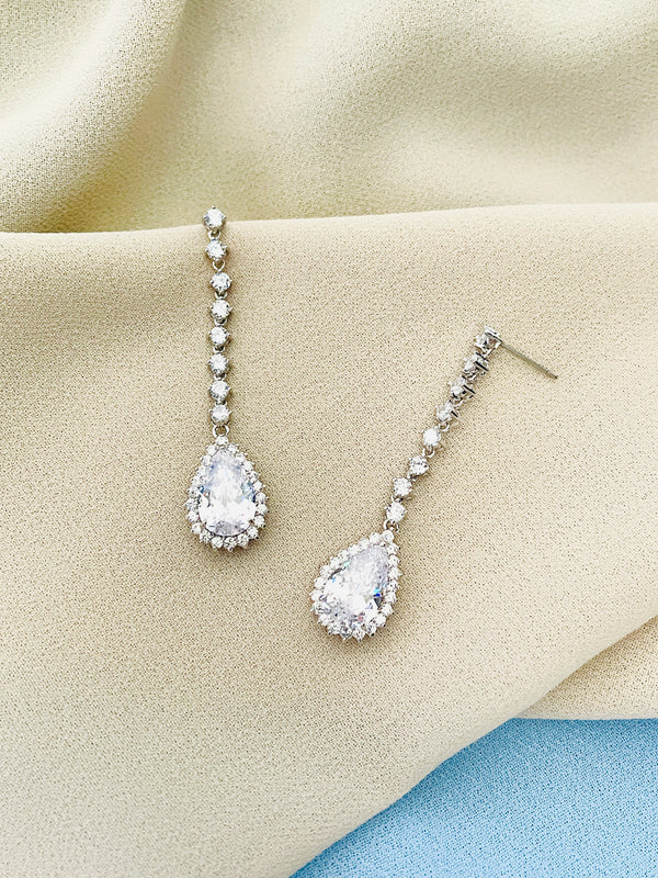 EMELIA - Dangle Long Teardrop CZ Crystal Earrings In Silver - JohnnyB Jewelry