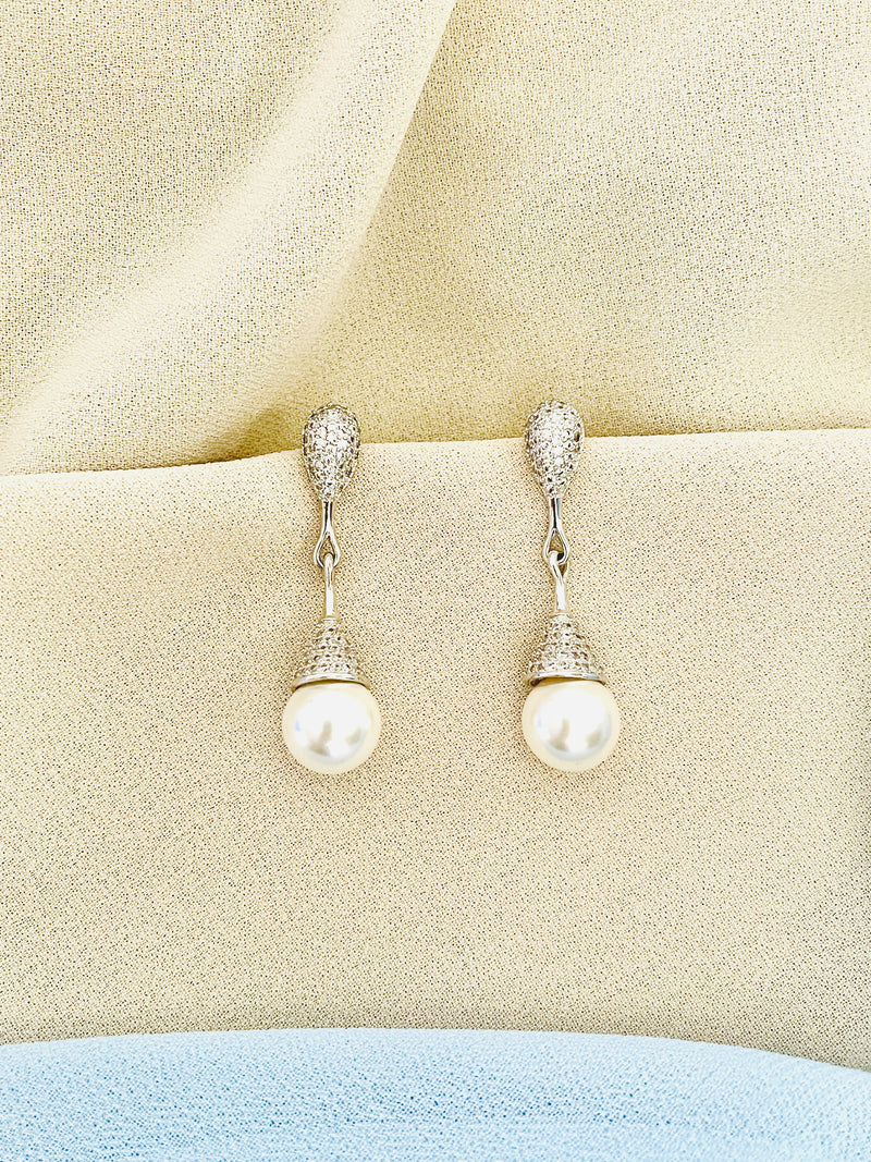 MARIBEL - Pave-Set Drop Pearl Earrings In Silver - JohnnyB Jewelry