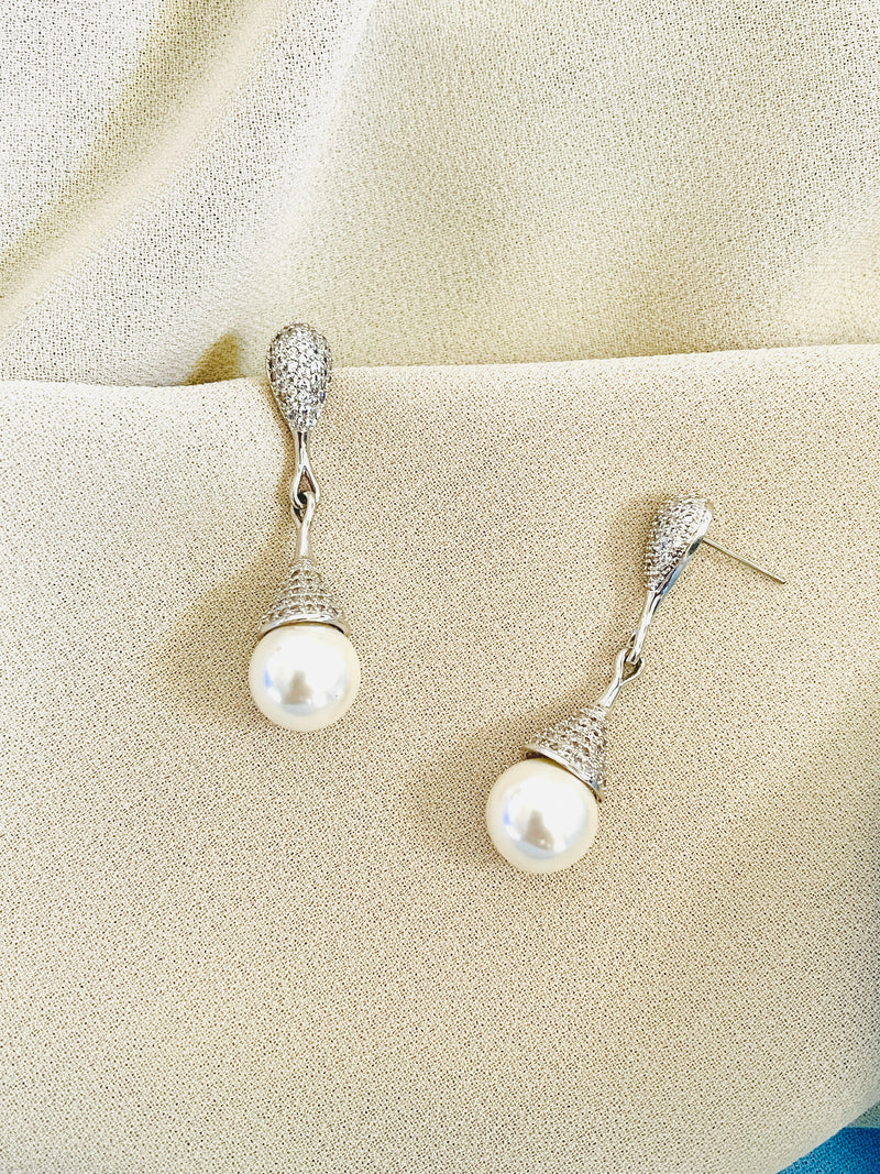MARIBEL - Pave-Set Drop Pearl Earrings In Silver - JohnnyB Jewelry