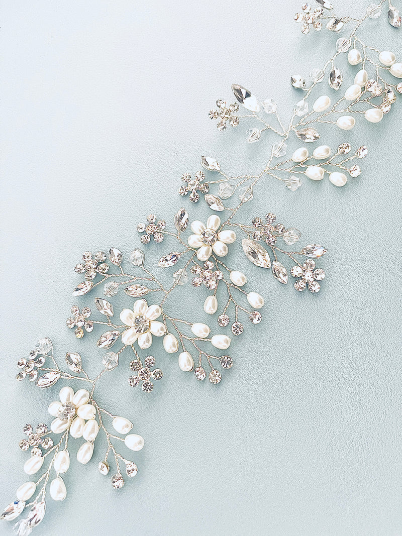 DANAE - Ribboned Hair Circlet With Pearl And Rhinestone Flowers In Silver