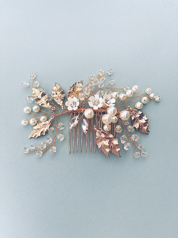 ARIANA – Gold Leaves Flowers And Pearl And Crystal Sprays Hair Comb In Gold - JohnnyB Jewelry