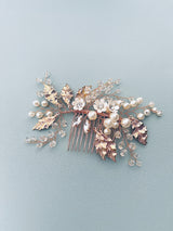 ARIANA – Gold Leaves Flowers And Pearl And Crystal Sprays Hair Comb In Gold - JohnnyB Jewelry