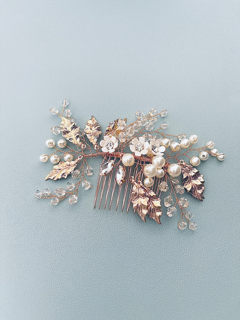 ARIANA – Gold Leaves Flowers And Pearl And Crystal Sprays Hair Comb In Gold - JohnnyB Jewelry