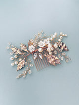 ARIANA – Gold Leaves Flowers And Pearl And Crystal Sprays Hair Comb In Gold - JohnnyB Jewelry