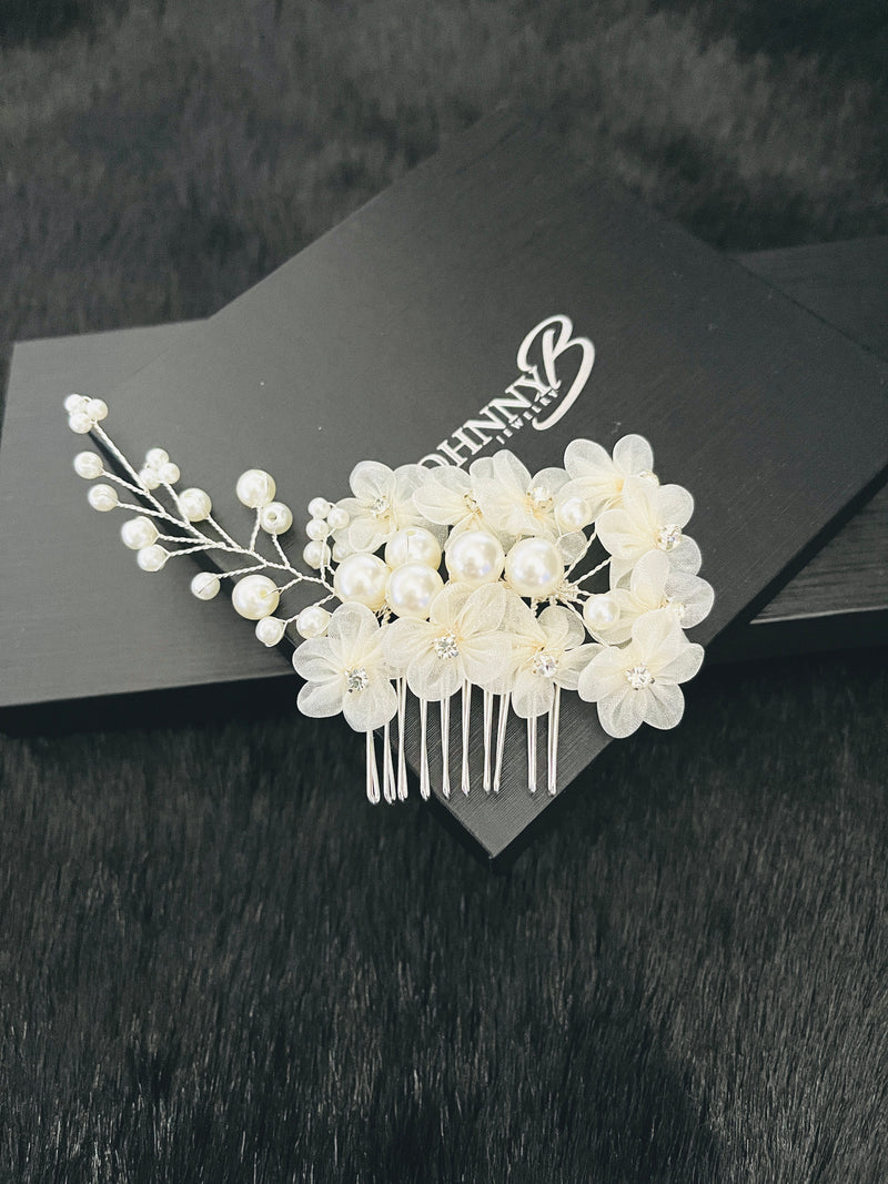 DOLORES - FABRIC FLOWER WITH MULTI-SIZE PEARL HAIR COMB IN SILVER