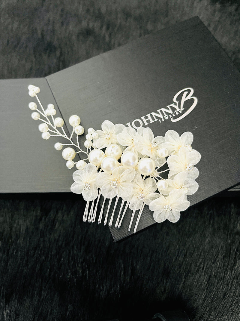 DOLORES - FABRIC FLOWER WITH MULTI-SIZE PEARL HAIR COMB IN SILVER