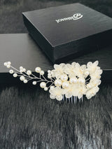 DOLORES - FABRIC FLOWER WITH MULTI-SIZE PEARL HAIR COMB IN SILVER