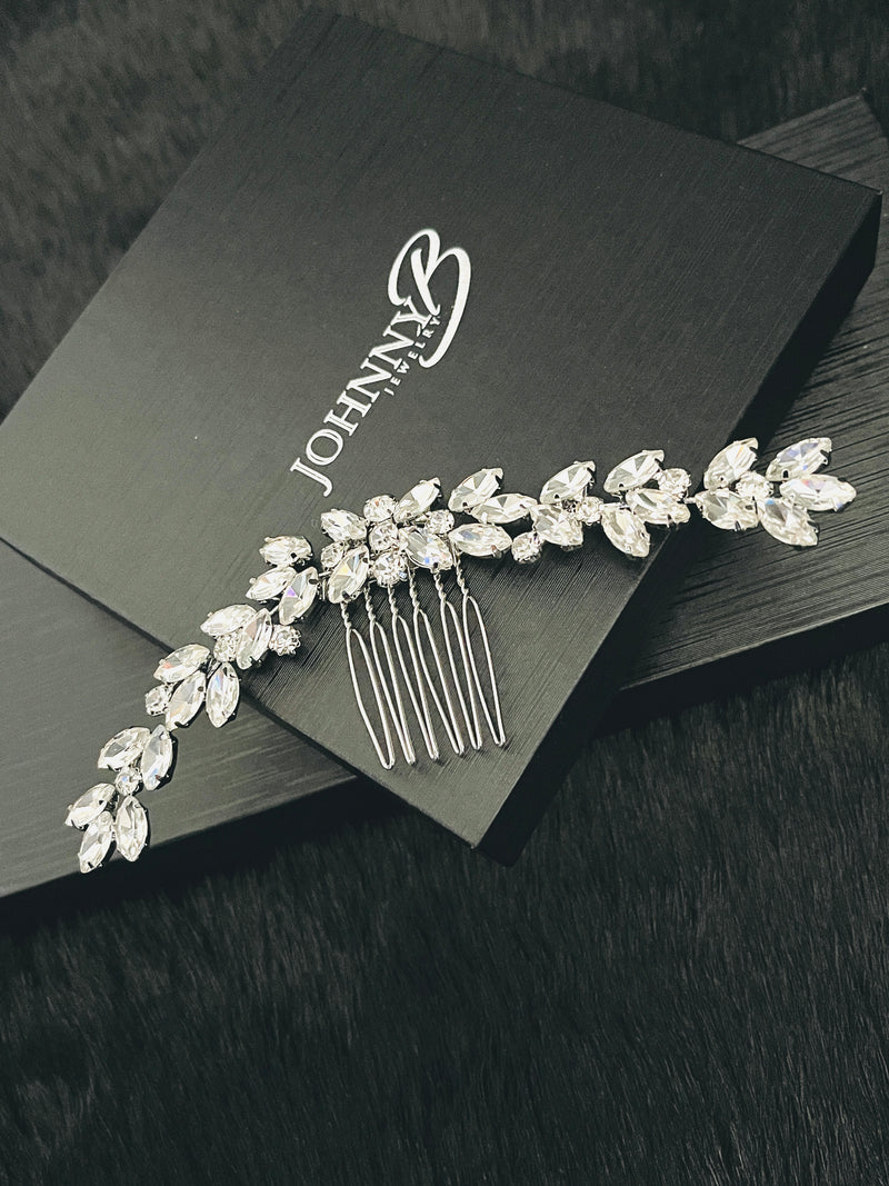 LORETTA - Bold Marquise Crystal Leaf Hair Comb In Silver