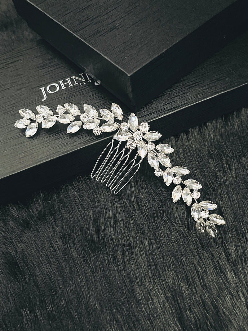 LORETTA - Bold Marquise Crystal Leaf Hair Comb In Silver