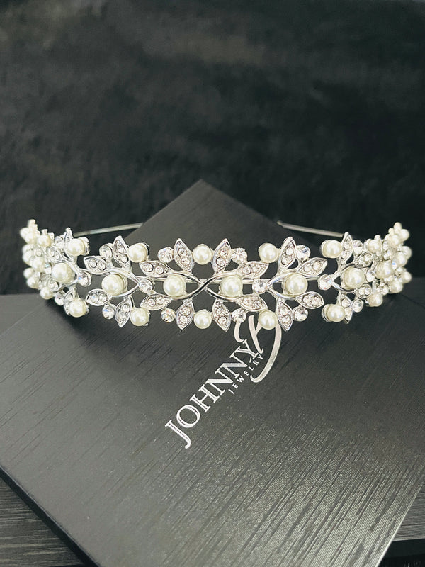 KATIE - Weaving Leaves With Pearl Tiara In Silver