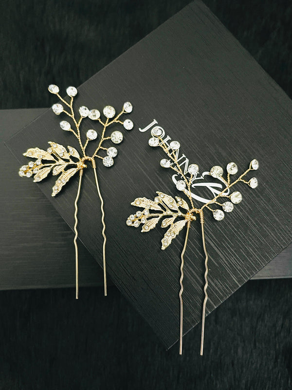 HELENA - 2Pcs Leaves With Pearl And Rhinestone Hair Pin - JohnnyB Jewelry