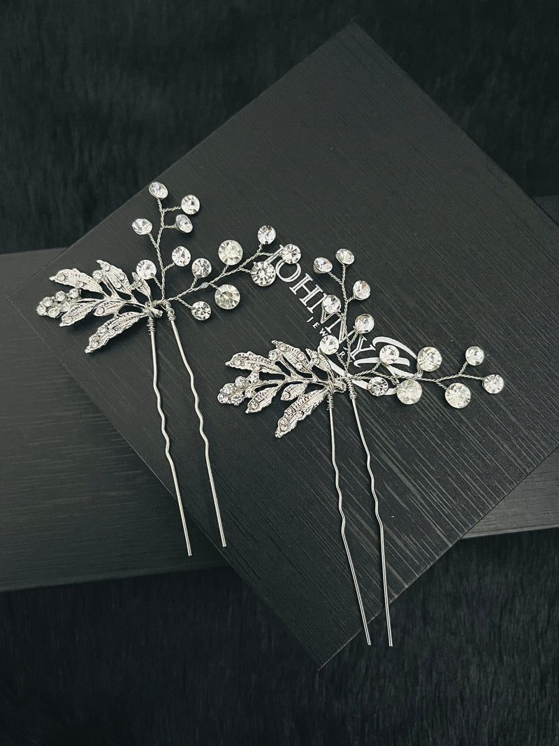 HELENA - 2Pcs Leaves With Pearl And Rhinestone Hair Pin - JohnnyB Jewelry