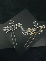 HELENA - 2Pcs Leaves With Pearl And Rhinestone Hair Pin - JohnnyB Jewelry