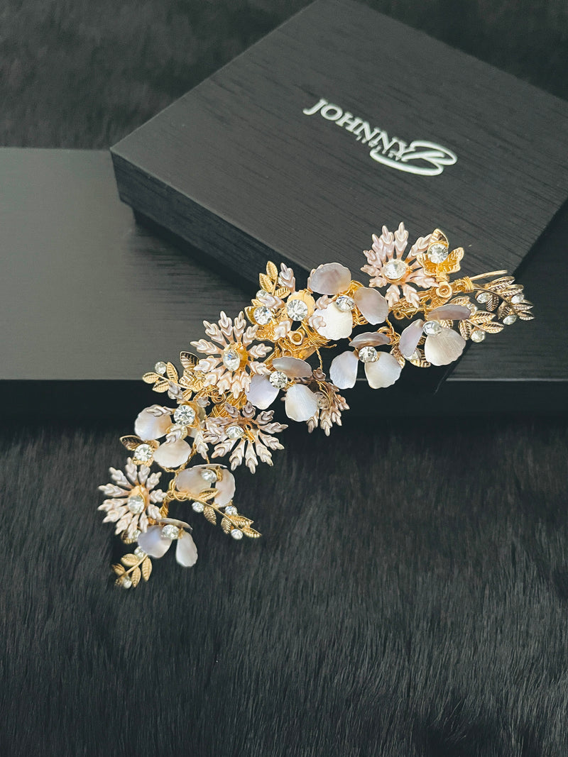 BELLE - Rose Gold Flower With Crystal Hair Piece In Gold