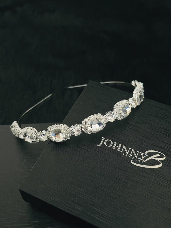 MABEL- SMALL CRYSTAL SURROUNDED OVAL CUT TIARA IN SILVER
