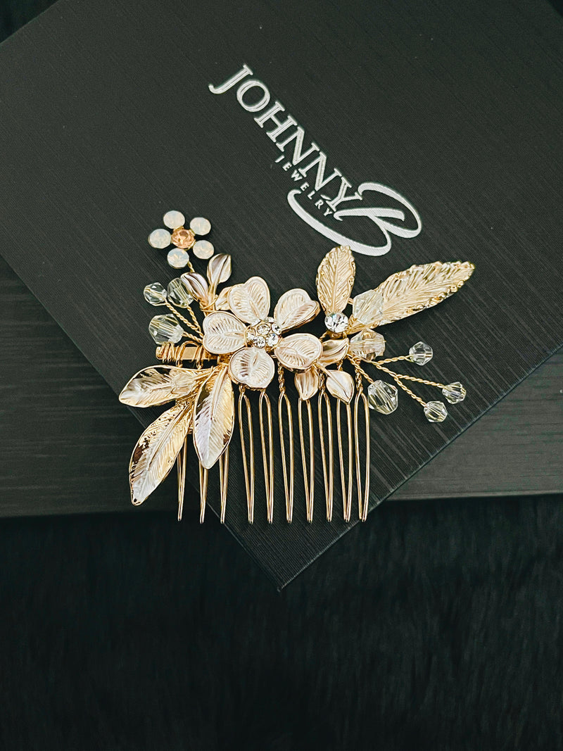 CAROLINE - Flower And Leaf Hair Comb In Gold