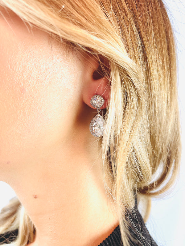 GABRIELLA - Clear Diamond-Shaped Dangle Stud With Teardrop Earrings - JohnnyB Jewelry