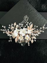 GIOVANNA - Flowers Crystal Leaves And Pearl Sprays Hair Comb