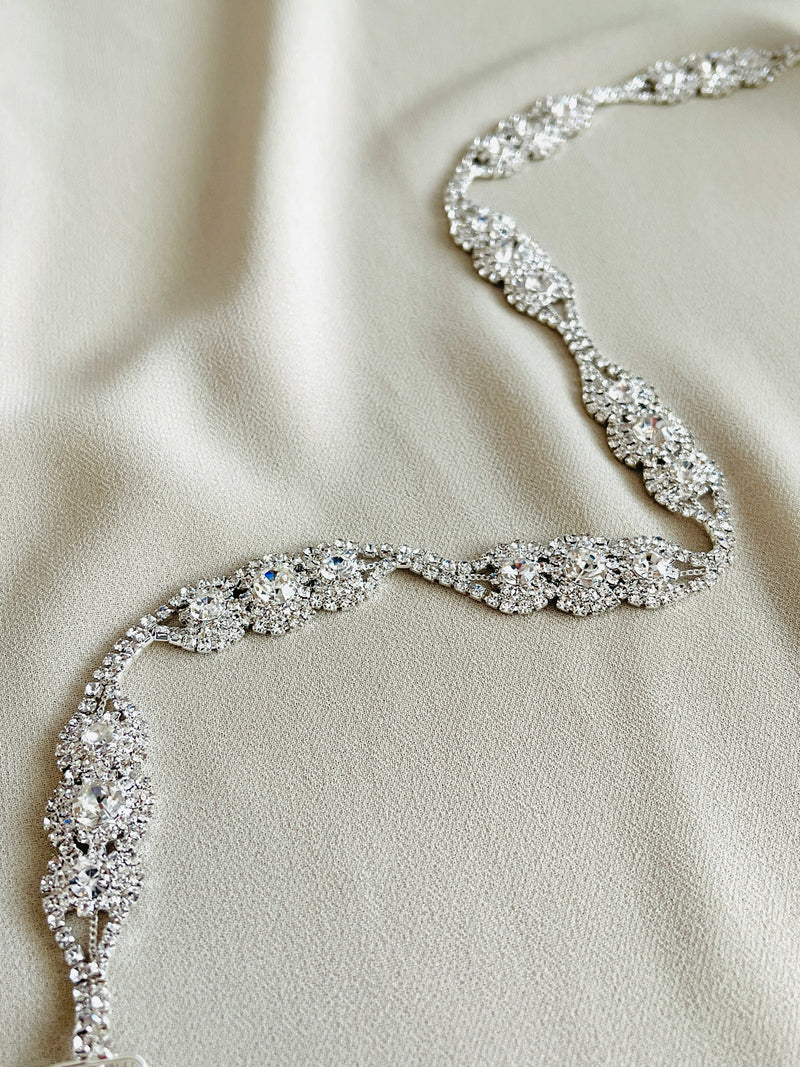 SCARLETT - Chain And Three Champagne Crystal Motif Belt Sash In Silver
