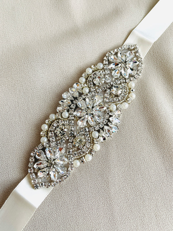 ALLEGRA - Sparkle Crystal and Pearl Belt Sashes In Silver