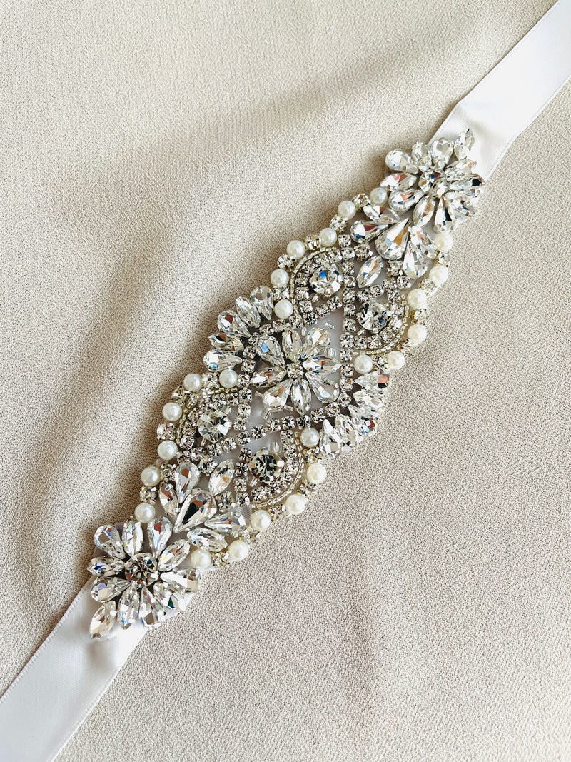 MAYA - Sparkle Crystal and Pearl Belt Sashes In Silver