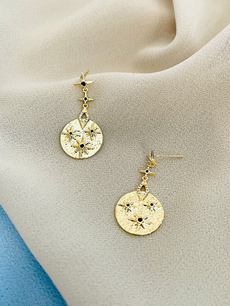 STARR - Modern Round With Star-Motif Drop Earrings In 14k Gold