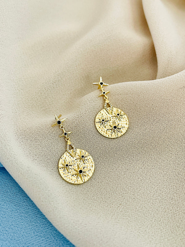 STARR - Modern Round With Star-Motif Drop Earrings In 14k Gold