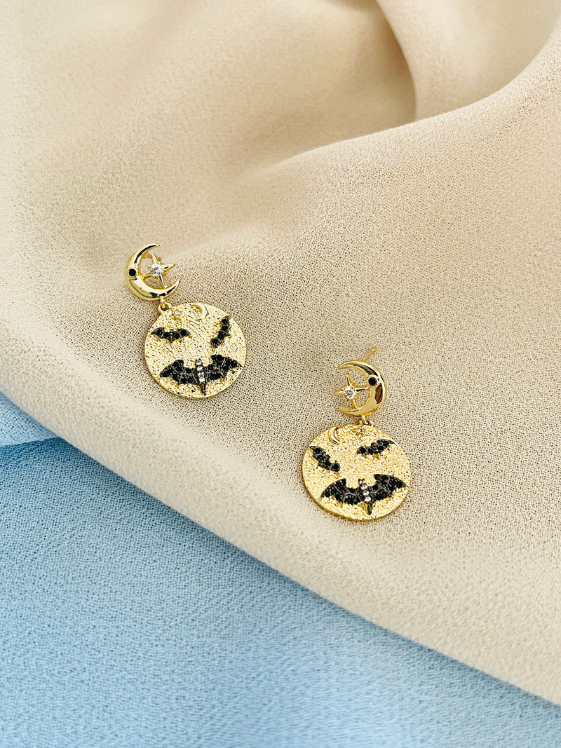 LUNA - Modern Round With Moon-Motif Drop Earrings In 14k Gold