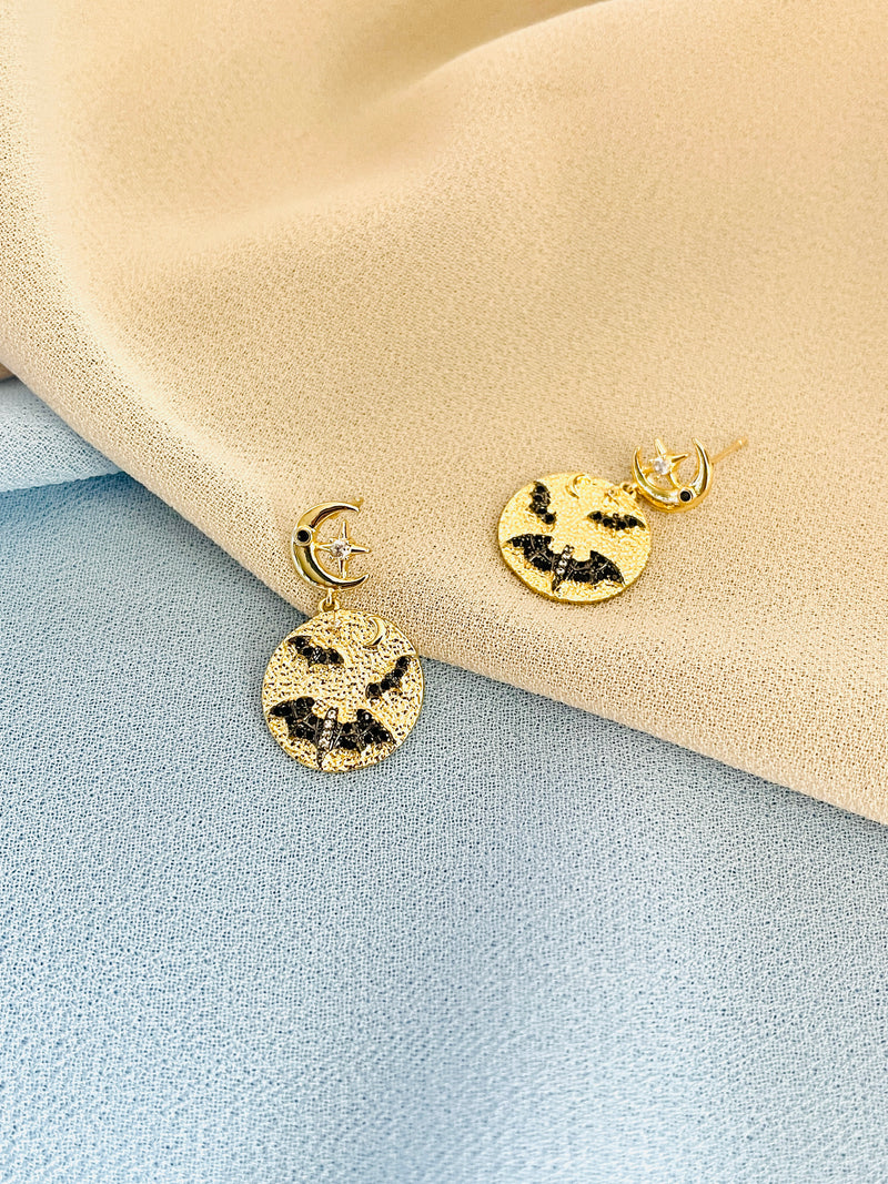 LUNA - Modern Round With Moon-Motif Drop Earrings In 14k Gold