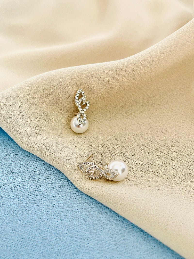 TANAYA - Modern CZ Pave Ribbon And Pearl Stud Earrings In Silver