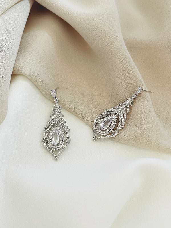 PRIYA - Exotic Pave And Teardrop Crystal Drop Earrings In Silver
