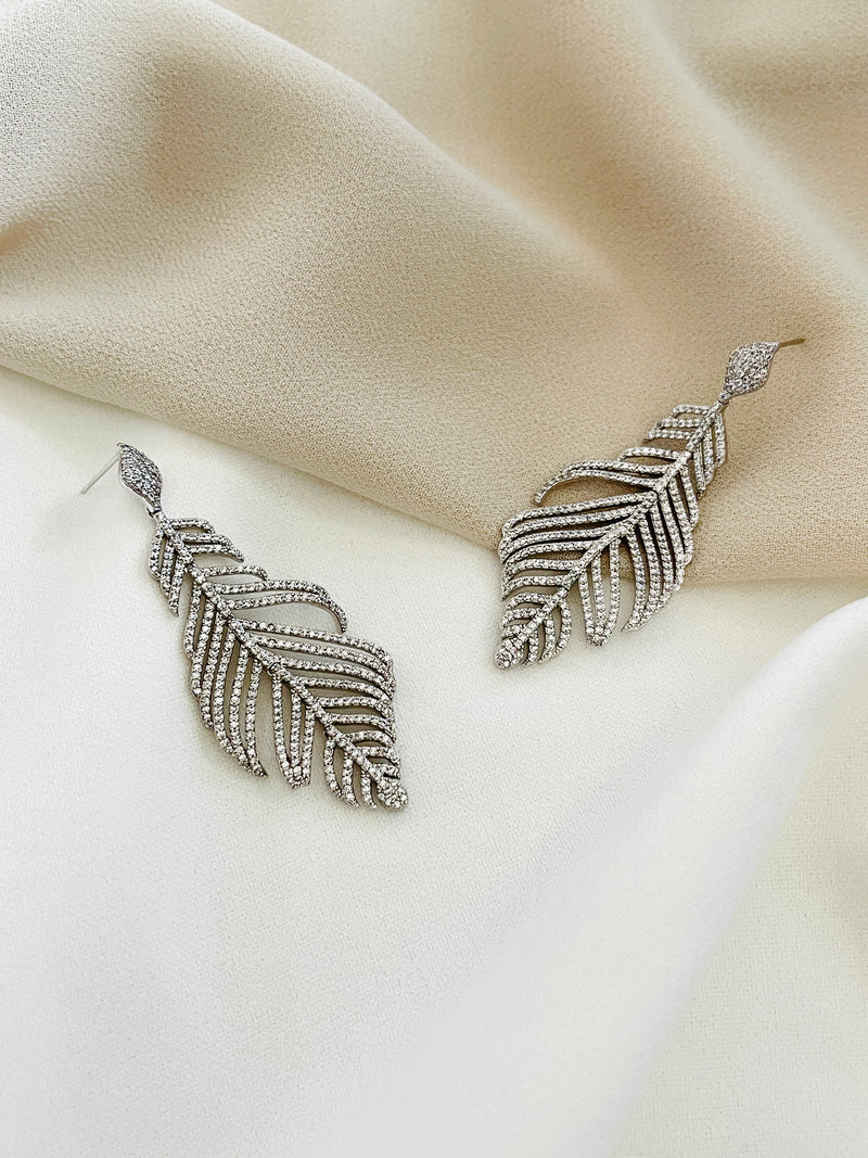 ORIELE - Pave Feather-Shaped Drop Earrings In Silver - JohnnyB Jewelry